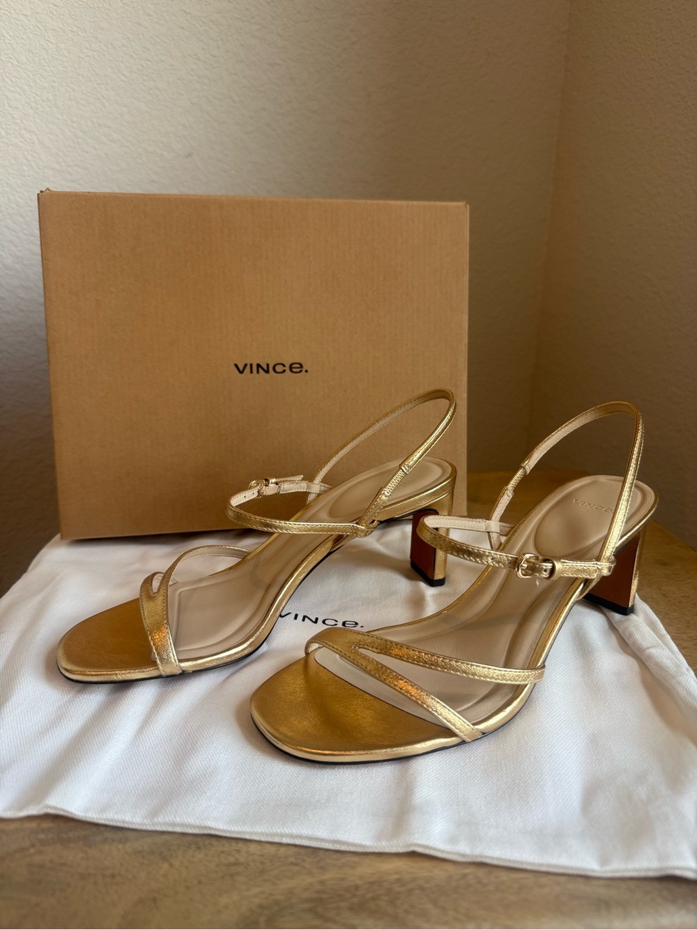 NIB Vince MARCELA Gold Strappy Block Heel Sandals